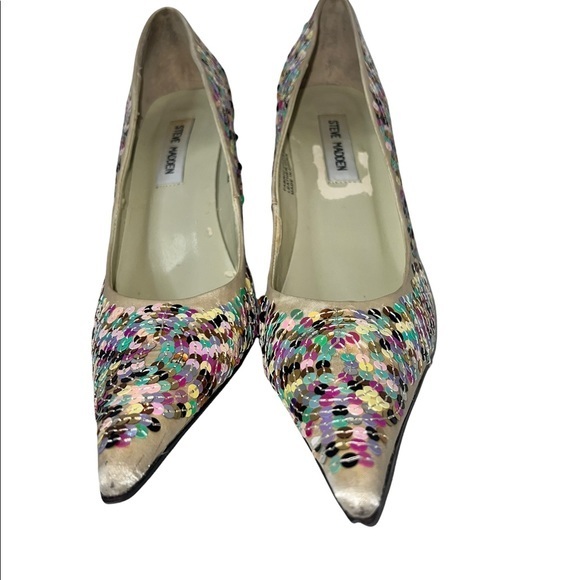Steve Madden Mystikal Stiletto Heels 8.5 Satin Multi-Color Sequined Pointed Toe - Picture 6 of 13